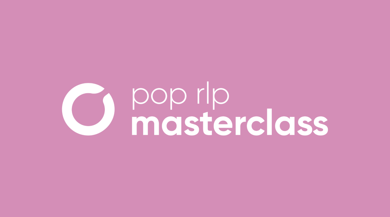 Weißes Logo der pop rlp masterclass auf pinkfarbenem Hintergrund.